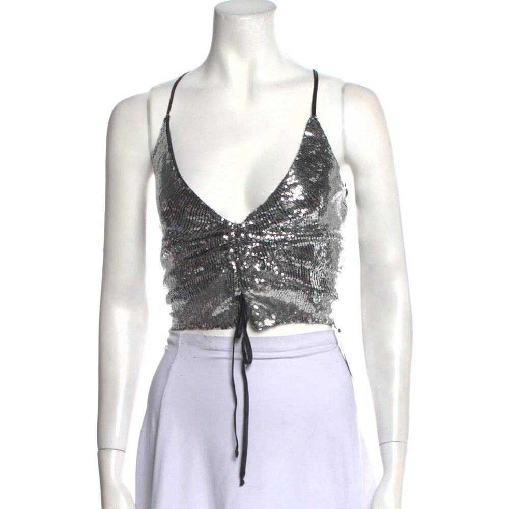 Amen. Silver Sequin Adjustable Cropped Top